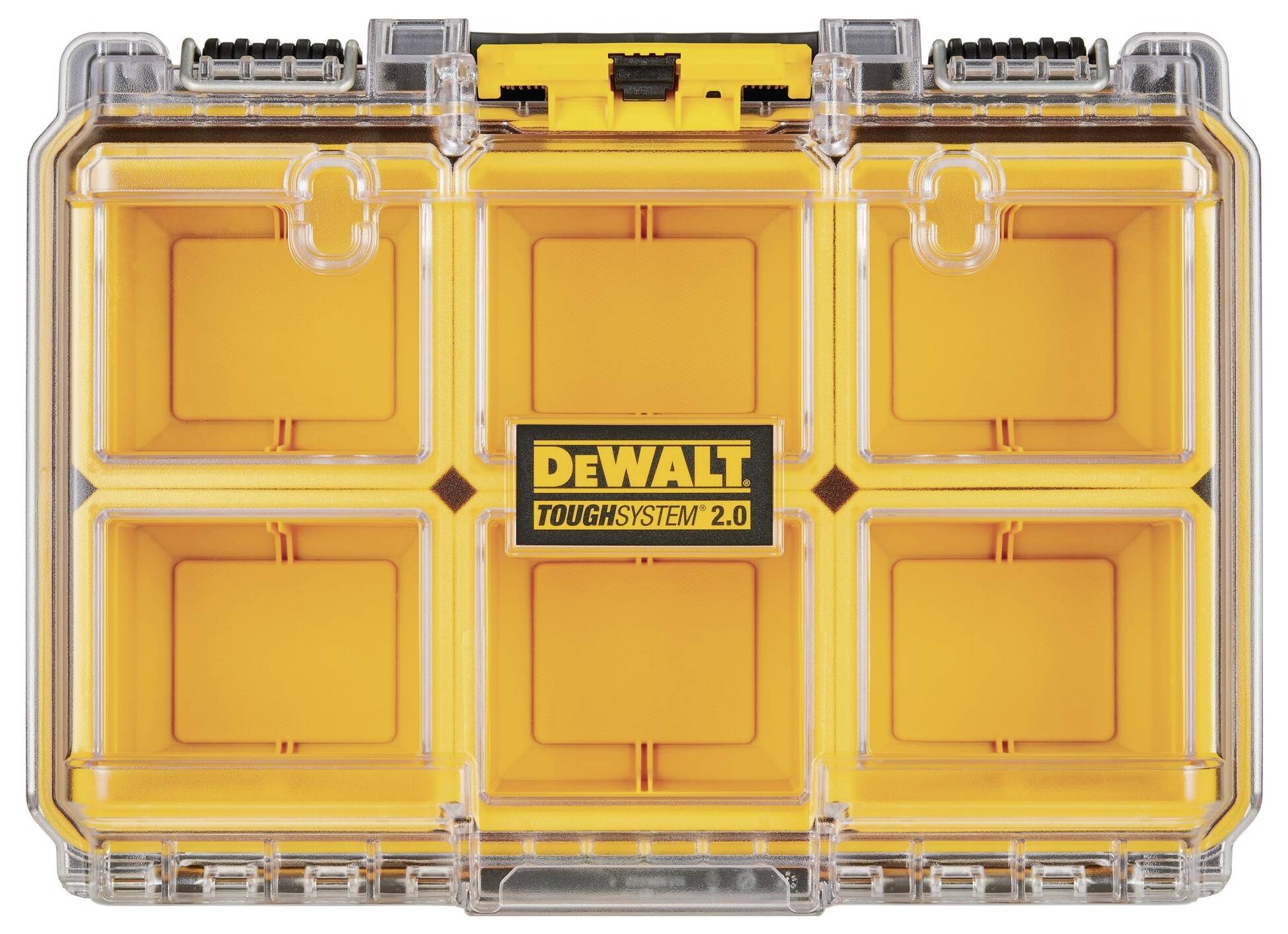 Orange storage box with six compartments and a clear lid. In the centre, it reads 'DeWalt ToughSystem 2.0'.