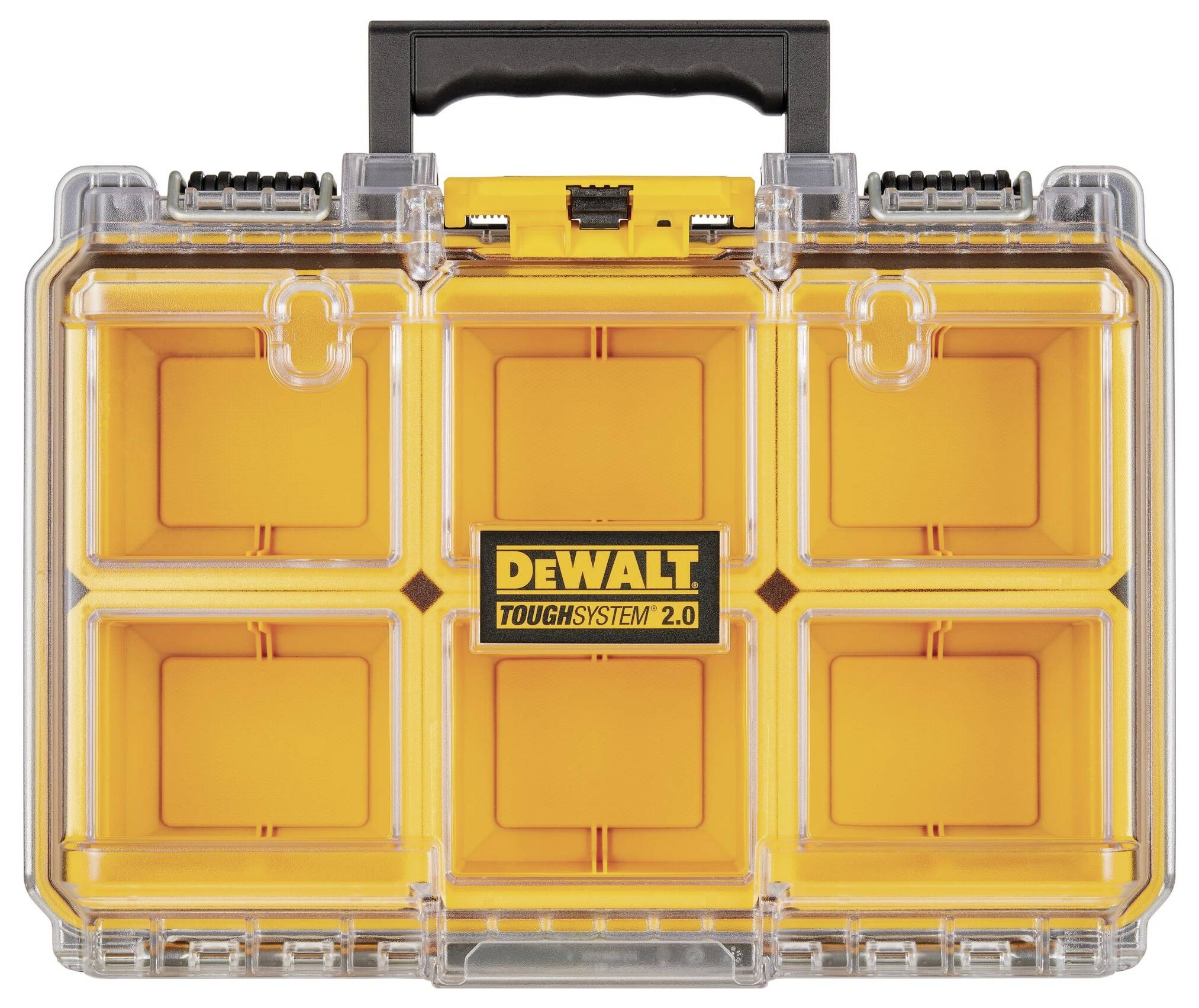 Yellow tool case with five compartments, transparent lid, and black handle. Label reads: 'DEWALT TOUGHSYSTEM 2.0'.