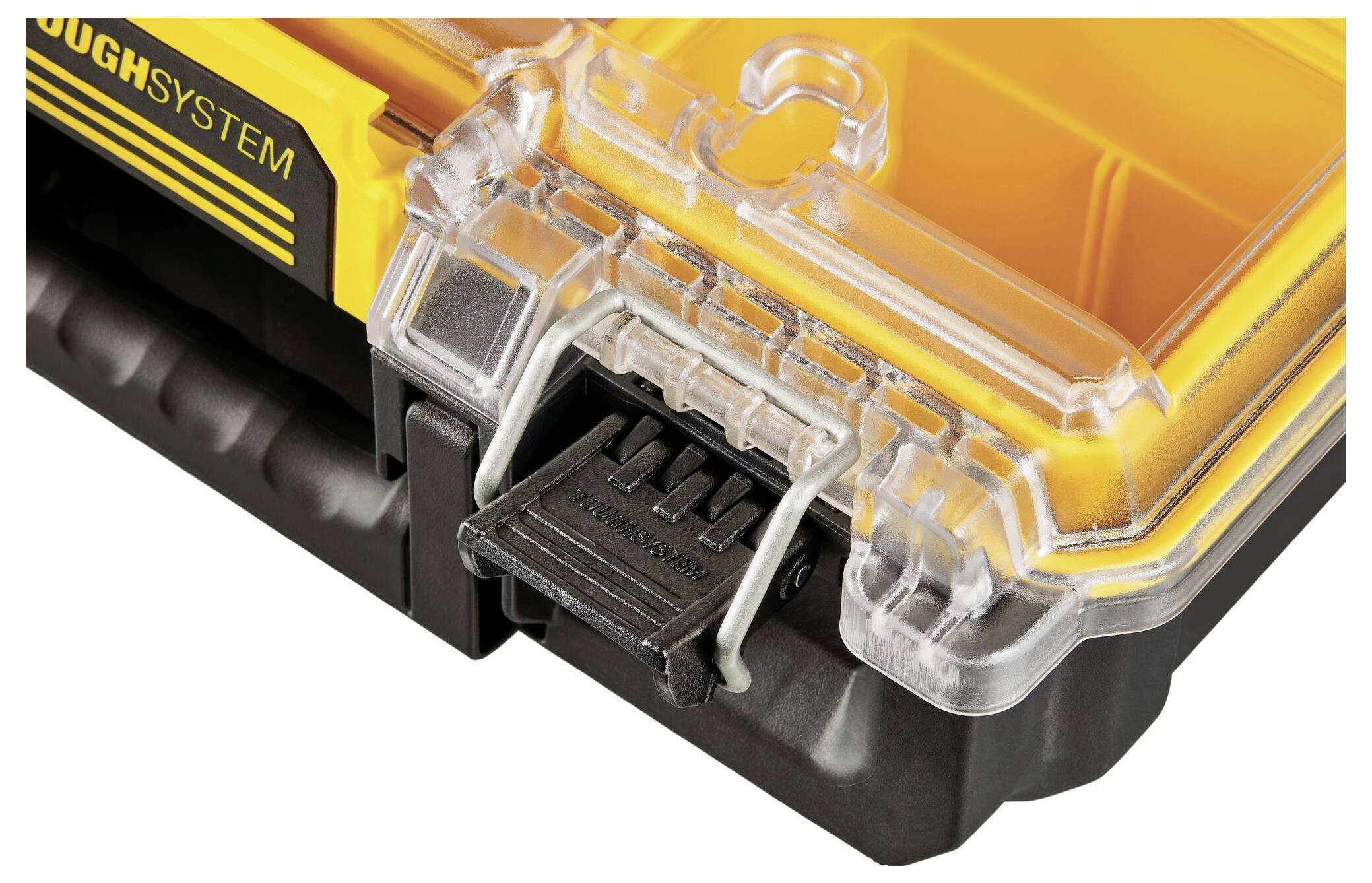 A yellow toolbox with a transparent lid and black fastening. 'TOUGHSYSTEM' is printed on the left side.