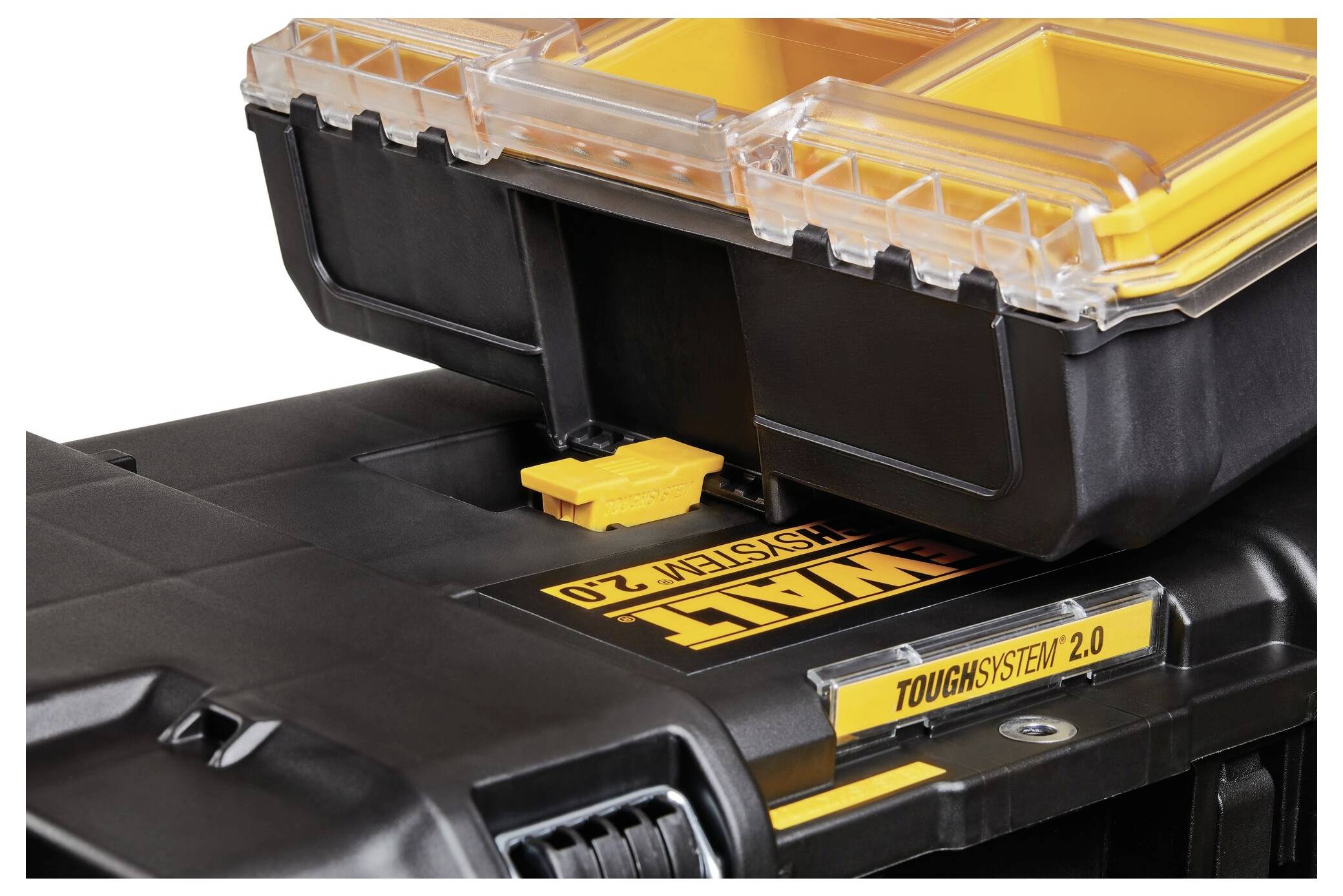 Tool case with a removable, transparent top box, black body and yellow details, labelled 'Toughsystem 2.0'.