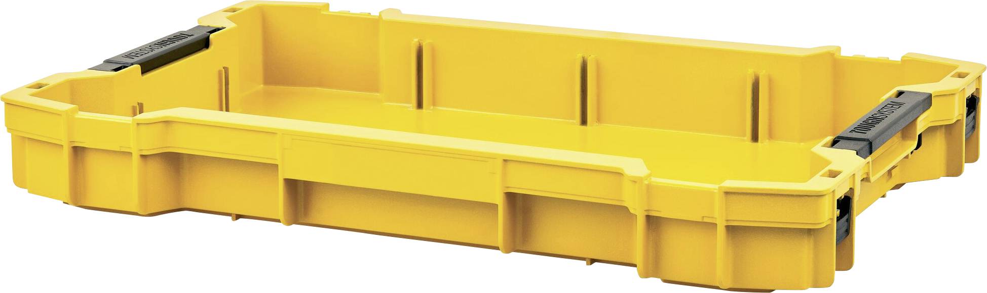 Yellow plastic storage box with black carrying handles. Rectangular shape, stackable, suitable for storing tools or small parts.