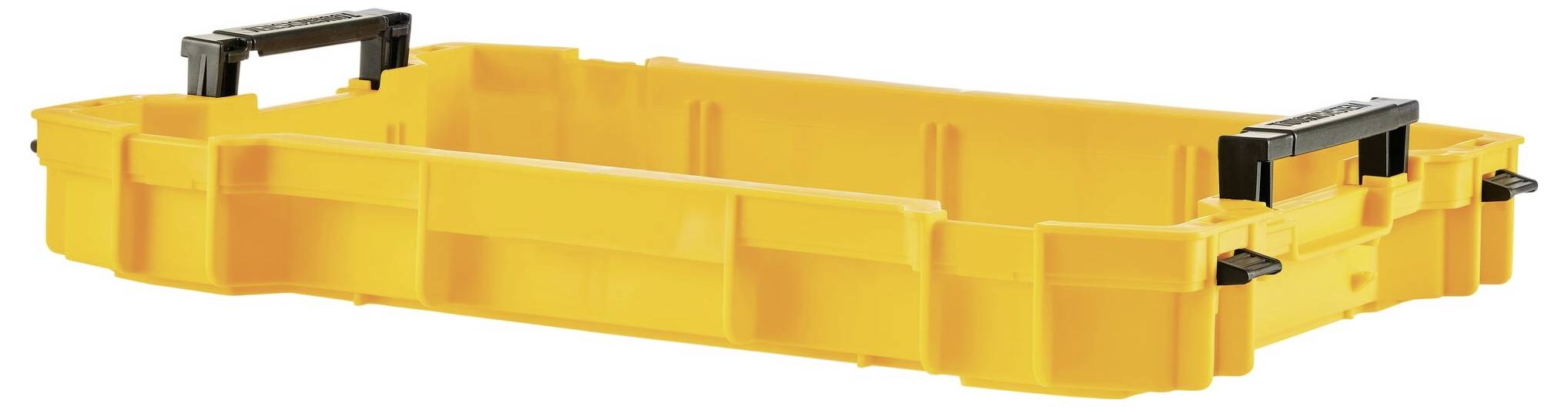 Yellow plastic tool box with black handles, without a lid. Suitable for storing tools or materials.