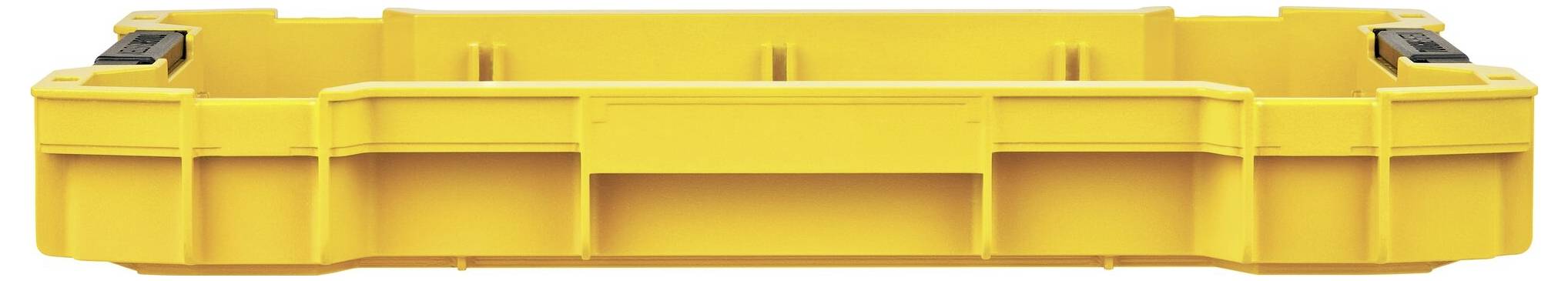 A yellow, rectangular plastic container with black latches on the sides. Suitable for storing tools or small parts.