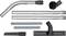 A vacuum cleaner accessory set, comprising two metal tubes, a curved nozzle, a brush head, a crevice tool, a floor brush, and two flat seals.