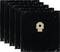 Five black vacuum cleaner bags with a circular opening in the centre, arranged side by side.