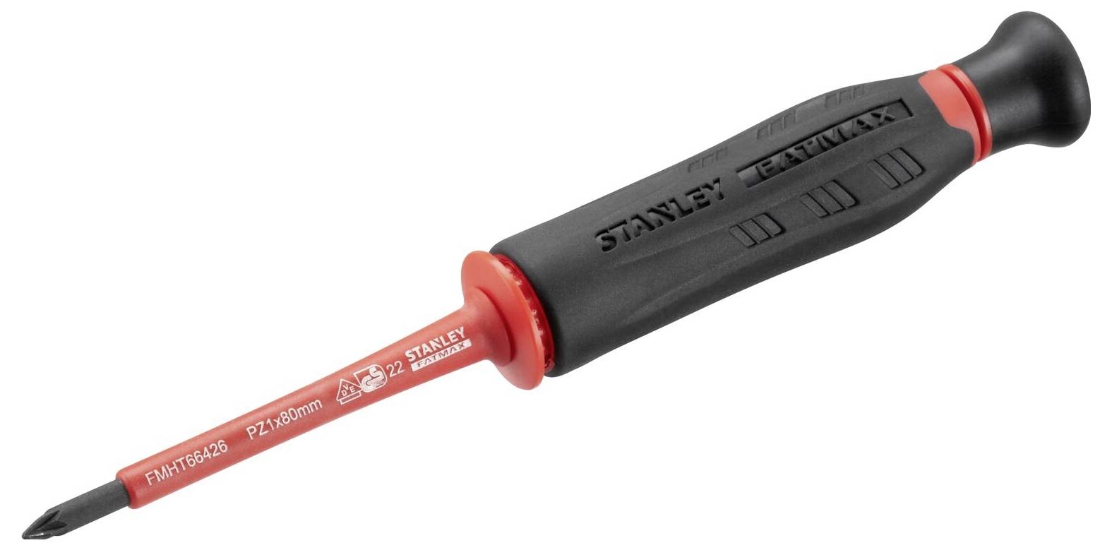 A black and red screwdriver with an ergonomic handle and the inscription 'STANLEY' on the handle. The shaft is smooth.