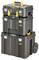 A stackable, mobile tool box set with three black boxes and yellow handles, ideal for mobile tool organisation.
