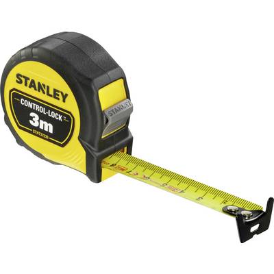 A yellow tape measure with a black casing. Inscription reads: 'CONTROL-LOCK 3m'. The tape is partially extended, showing centimetre markings.