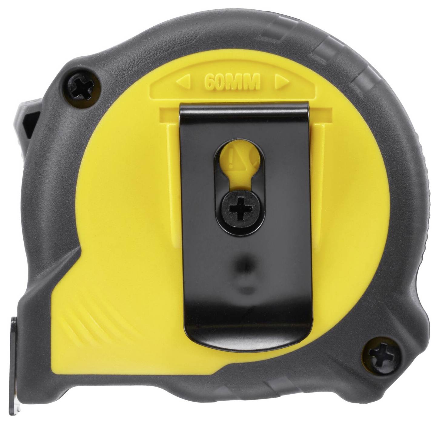 A yellow and black plastic tape measure showing a length of 60 mm. It has a belt clip for easy transport.