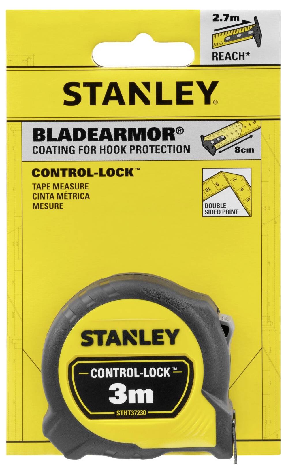'STANLEY' Tape Measure with BladeArmor Coating, 3 m Length. Packaging shows product details such as double-sided printing and hook protection.