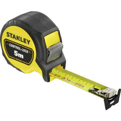 Yellow measuring tape with 5 m length and black casing by Stanley.