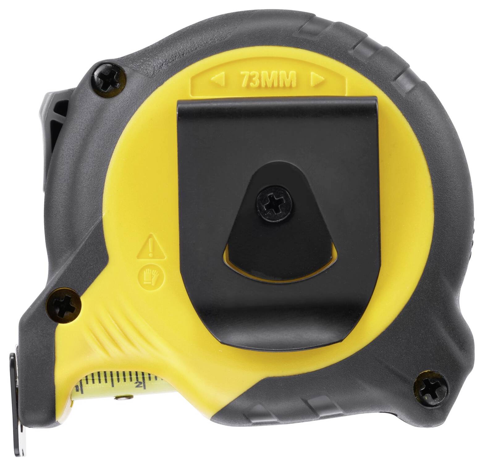 A yellow and black tape measure, when closed, shows the marking '73MM' on its top surface.