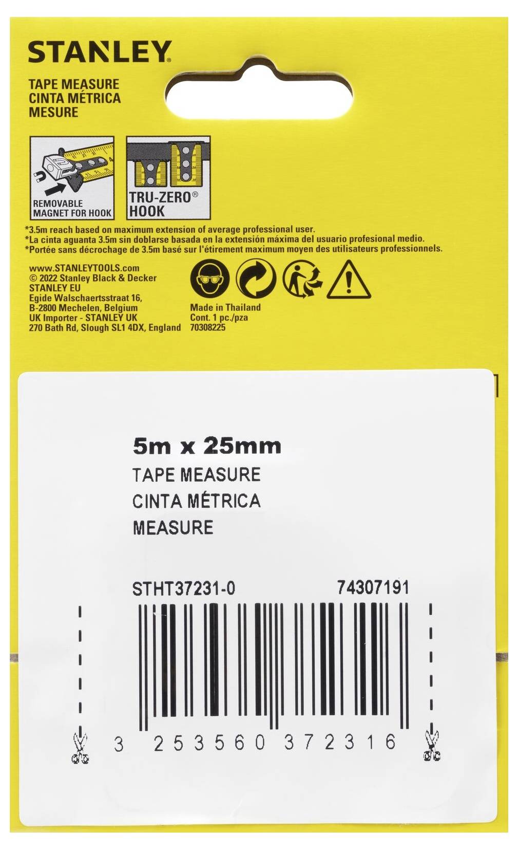 'Stanley' measuring tape packaging, 5m x 25mm, barcode at bottom, yellow background, including Tru-Zero hook function.
