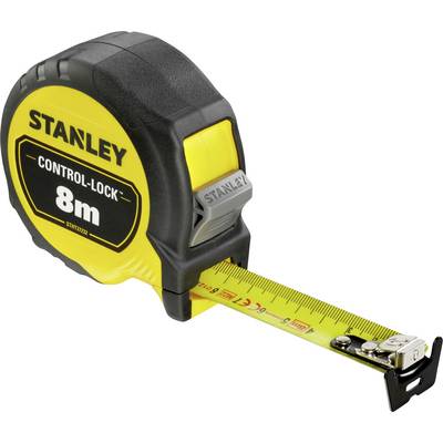 A yellow tape measure with a black casing, bearing the inscription 'Stanley' and 'Control-Lock 8m'. The tape is partially extended.