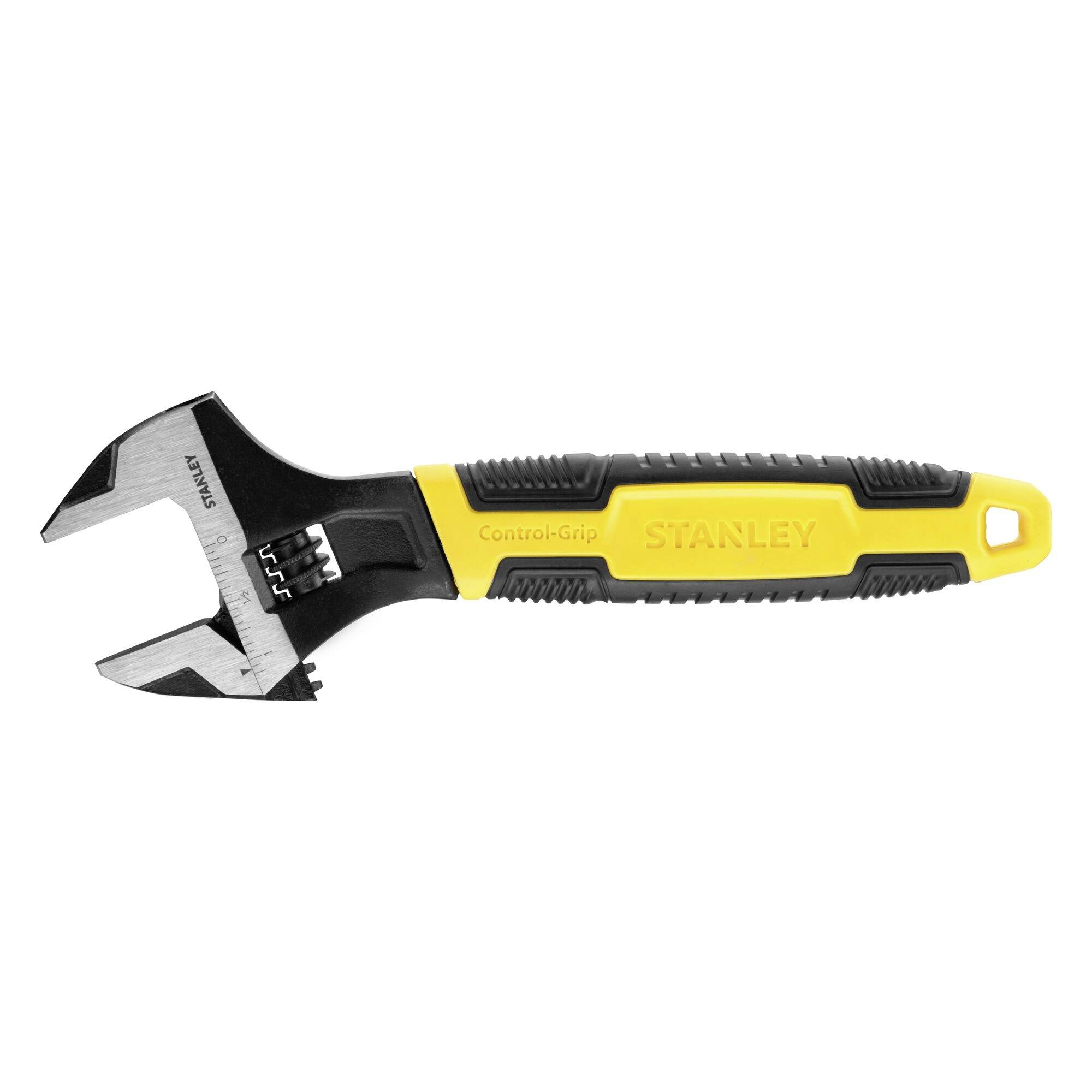 An adjustable spanner with a black handle and yellow details, suitable for tightening or loosening screws of various sizes.