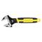 An adjustable spanner with a black handle and yellow details, suitable for tightening or loosening screws of various sizes.