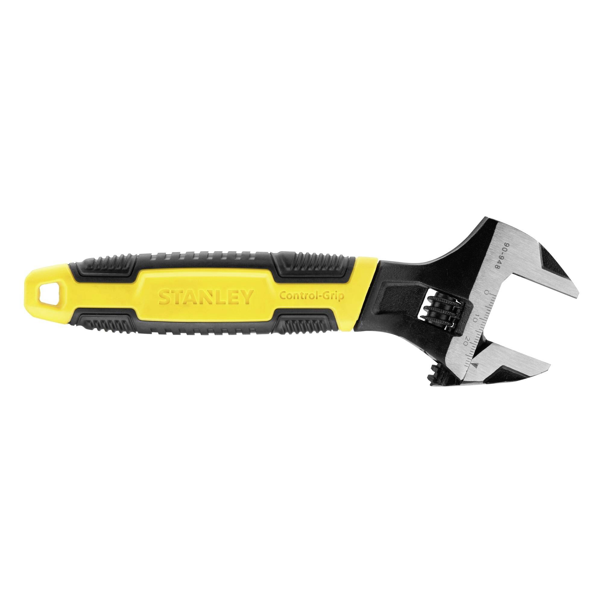 The adjustable spanner with a yellow and black handle is open to the right. The brand name 'Stanley' is visible on the handle.