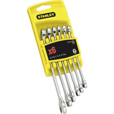 'Set of six Stanley ratchet ring spanners in sizes 10-15 mm shown on yellow holder.'