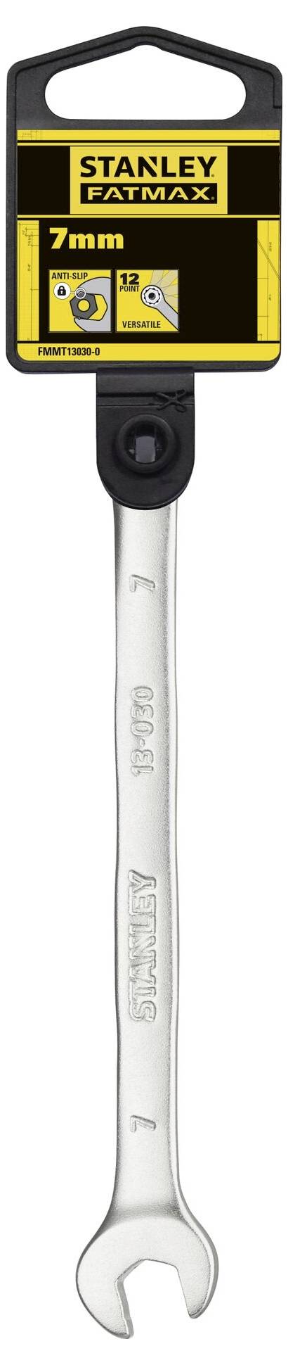 A silver adjustable spanner by 'Stanley Fatmax' with a size of 7 mm. Packaging displays product details and logo.