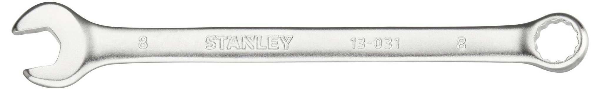 Open ring spanner made of metal with the 'STANLEY' imprint. Suitable for tightening and loosening screw and nut connections.