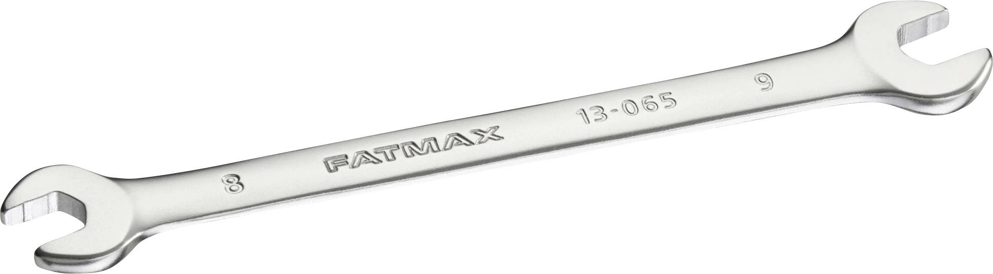 A silver double-ended spanner from 'FATMAX', with size markings '8' and '9' at the ends. Ideal for DIY or repair work.