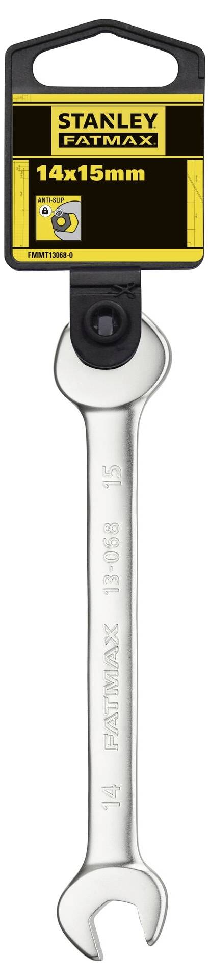 Stanley Fatmax spanner, size 14x15 mm, packaged on a yellow label with black text and logo.