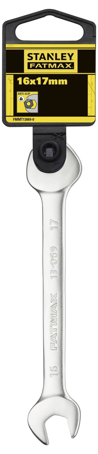 A silver Stanley Fatmax spanner in 16 mm and 17 mm sizes. Packaging displays the logo and size specification.