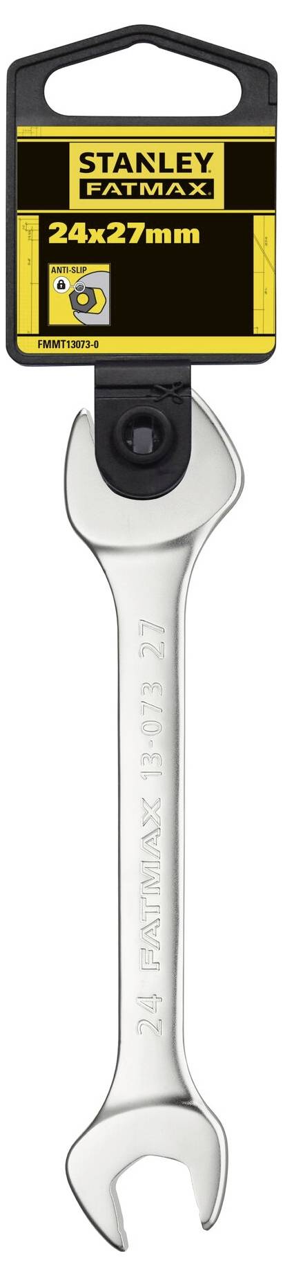 Stanley open-ended spanner with sizes 24x27 mm, silver-coloured, for tightening or loosening screws and nuts. Packaging displays brand and dimensions.