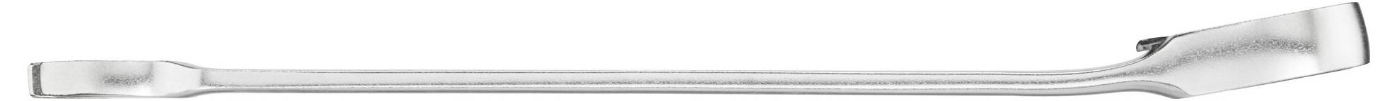 A silver crowbar with a slender, flat head on one side and a curved, pointed end on the other side.
