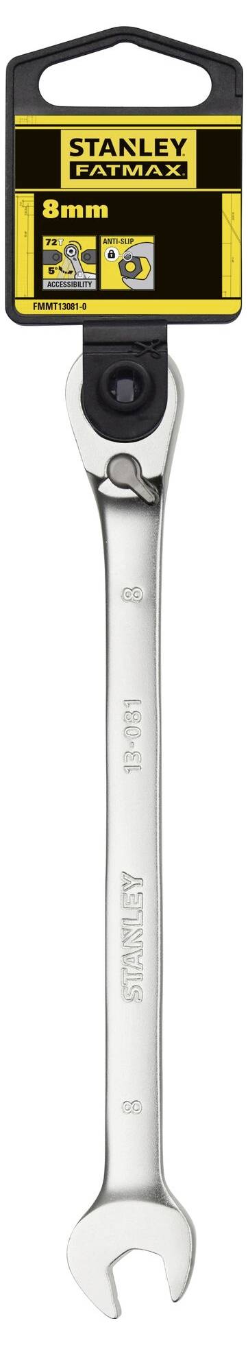 An 8mm Stanley Fatmax ratchet spanner, silver, with an open jaw and ratchet function at the other end. Suitable for fixing and fastening work.
