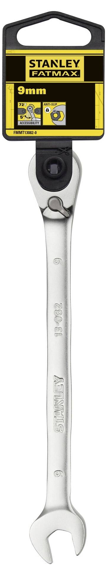 A Stanley FatMax adjustable ratchet ring spanner, 9 mm size, with chrome-plated silver finish and ergonomic handle.