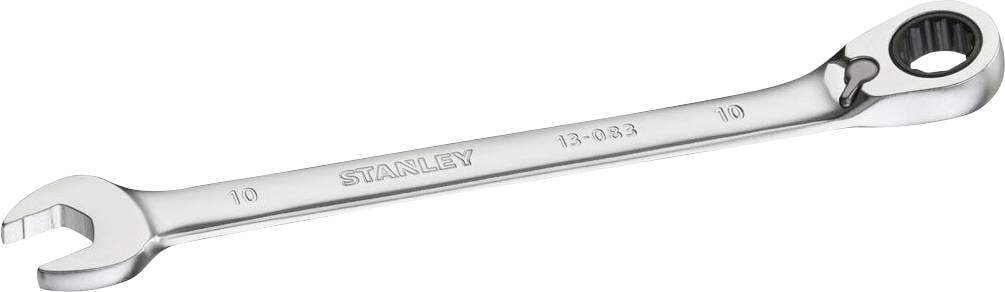 A silver ring spanner with open and closed ends, size 10 mm.