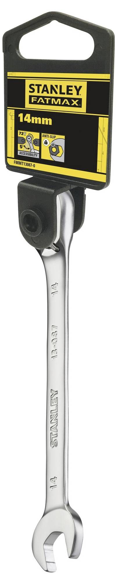 A silver 14-mm spanner from Stanley Fatmax, attached to the original packaging, clearly shows the size and brand.