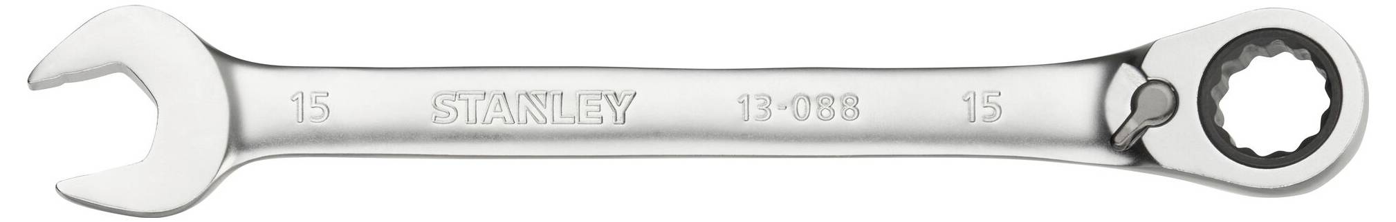 A silver double-ended spanner with an open and ring end. On the left is the open end marked with the number 15.