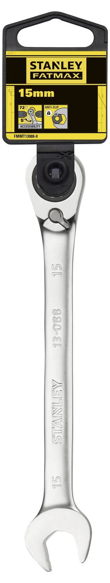 A Stanley open ratchet with a 15 mm spanner on a hanger, suitable for precise mechanical work.