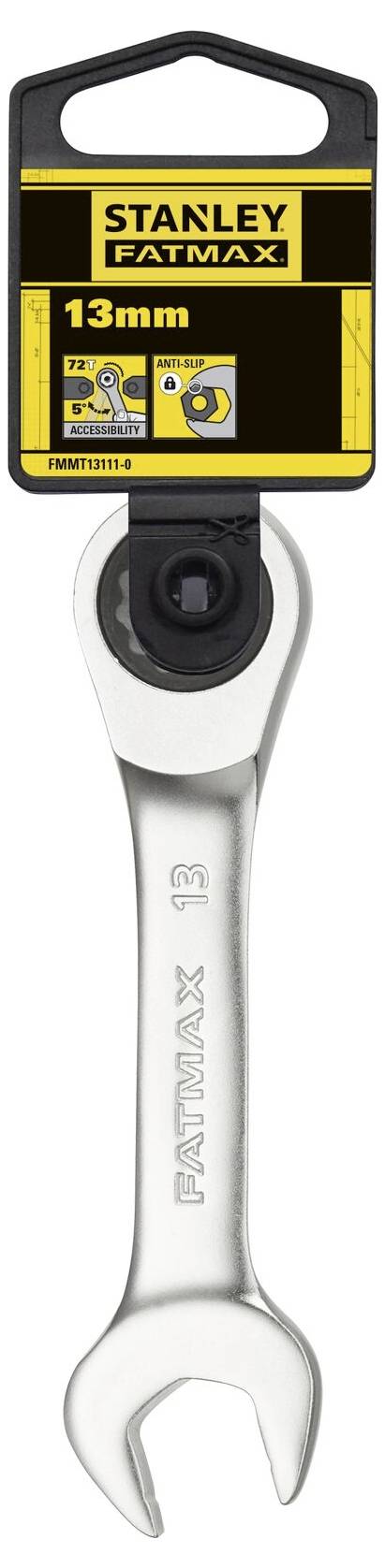 Stanley Fatmax ratchet spanner, 13 mm, in packaging. The spanner is silver with a sturdy grip, ideal for precise work.