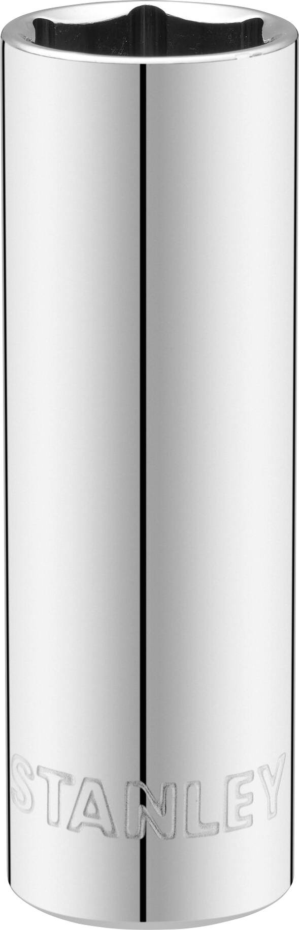 A gleaming, cylindrical metal tool attachment with the 'Stanley' imprint on its underside.