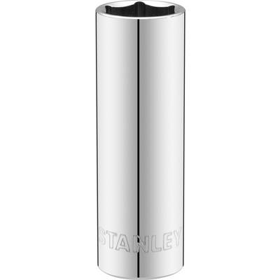 A gleaming, cylindrical metal tool attachment with the 'Stanley' imprint on its underside.