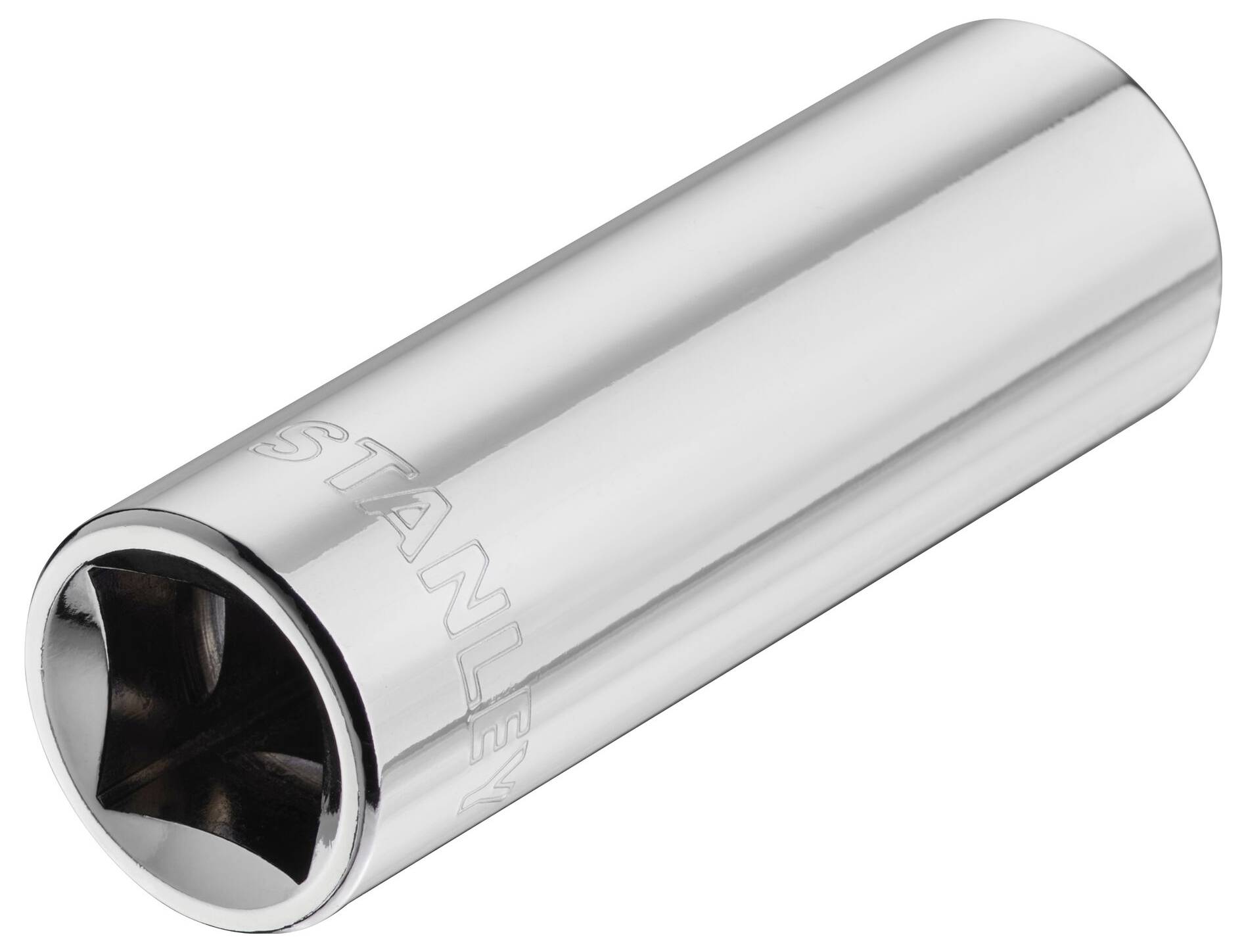A silver, cylindrical socket insert with a hexagonal opening, suitable for screw-related work. It is highly polished.