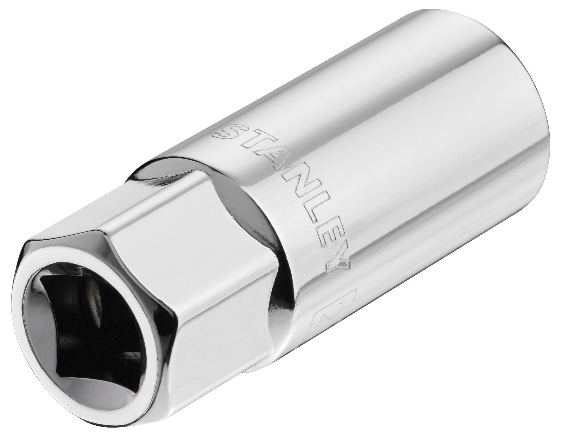 Hexagonal metal socket, brightly polished, for screw-related tasks.