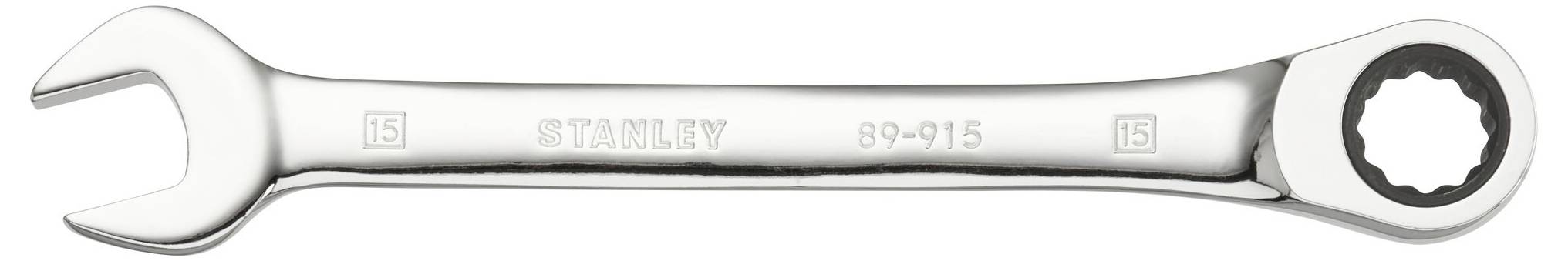 A silver Stanley double-ended spanner, model number 89-915, with an open-ended jaw on one side and a ring spanner on the other.