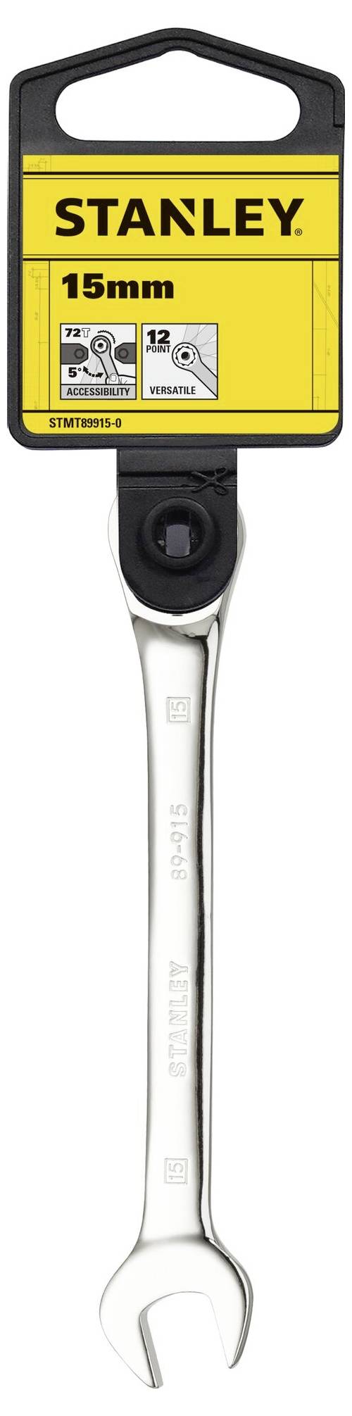 A 15-mm Stanley spanner, silver, beneath a black and yellow hanger with brand logo and size specification.