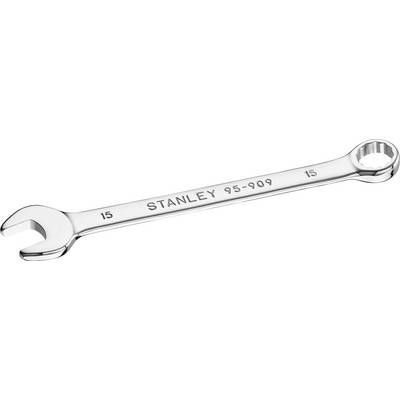 A silver spanner with the inscription 'STANLEY 95-909 15'. Open-ended jaw on the left, ring spanner on the right.