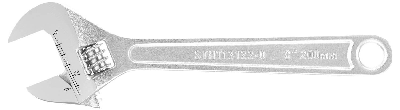 An adjustable spanner with a measuring range of 0 to 20 cm, silver-coloured with the engraving '8" 200mm'.