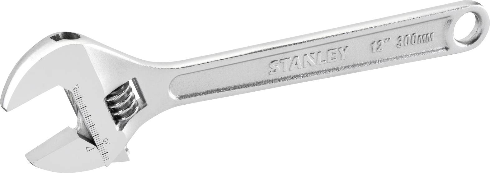 An adjustable metal spanner with a scale for size adjustment.
