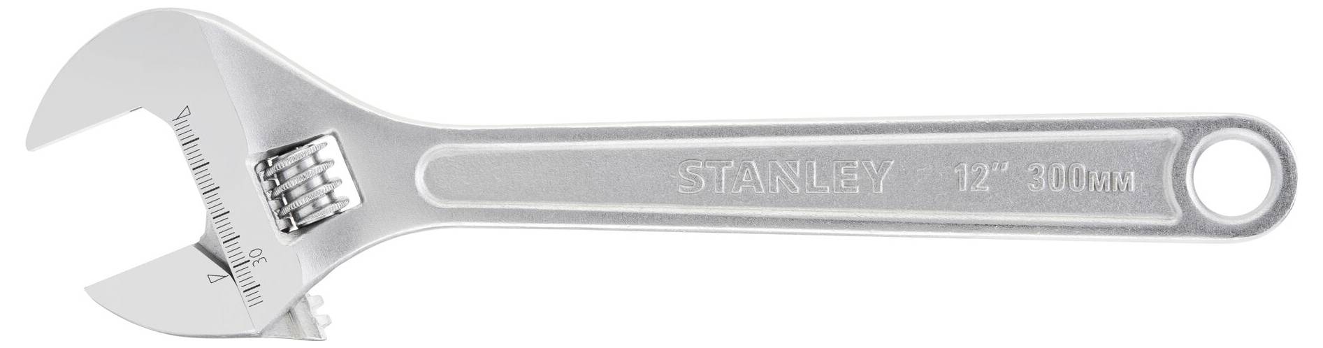 A silver adjustable spanner with graduated markings, suitable for various bolt sizes, used in toolboxes.