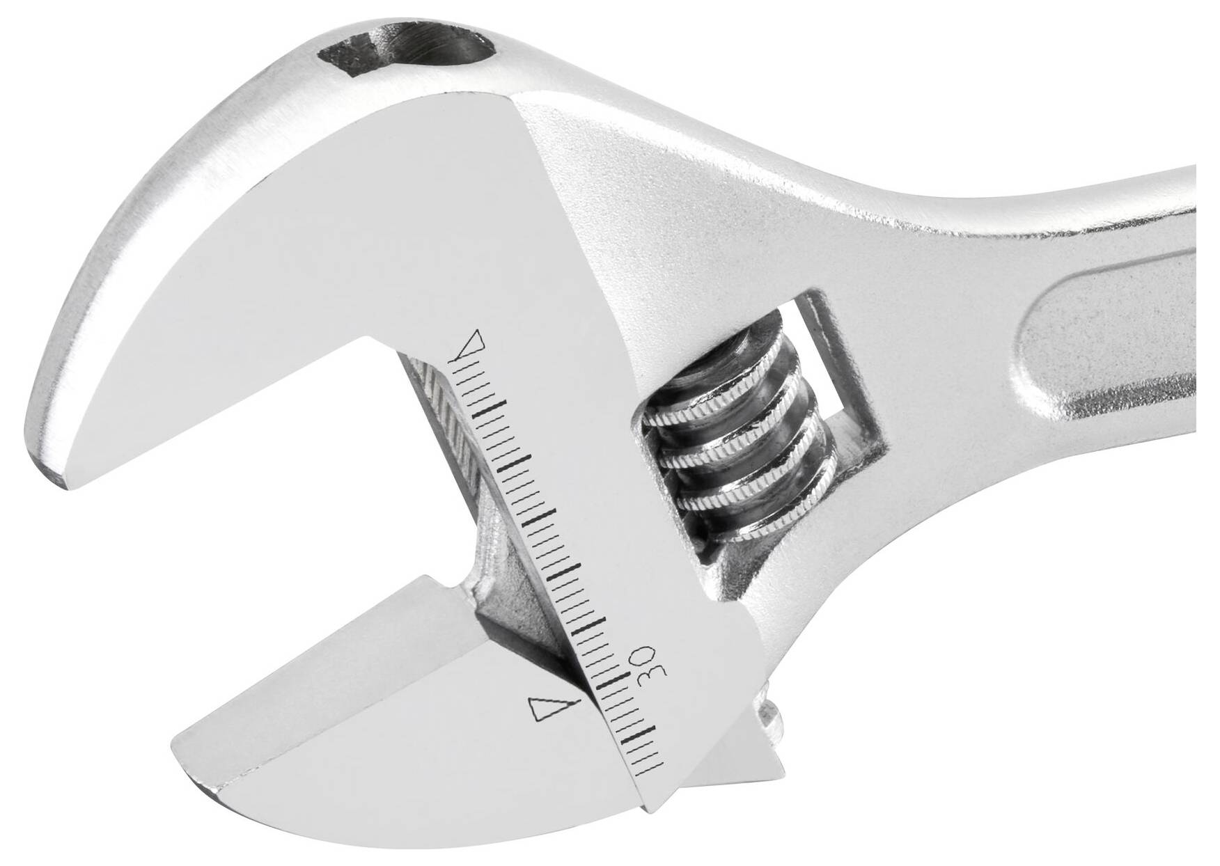 Adjustable metal spanner with measurement scale on the jaws.