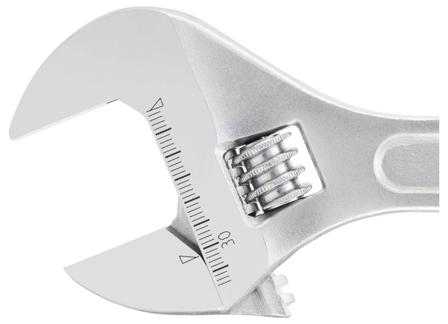 A metal adjustable spanner with an open jaw and scale for measuring nut or bolt sizes.