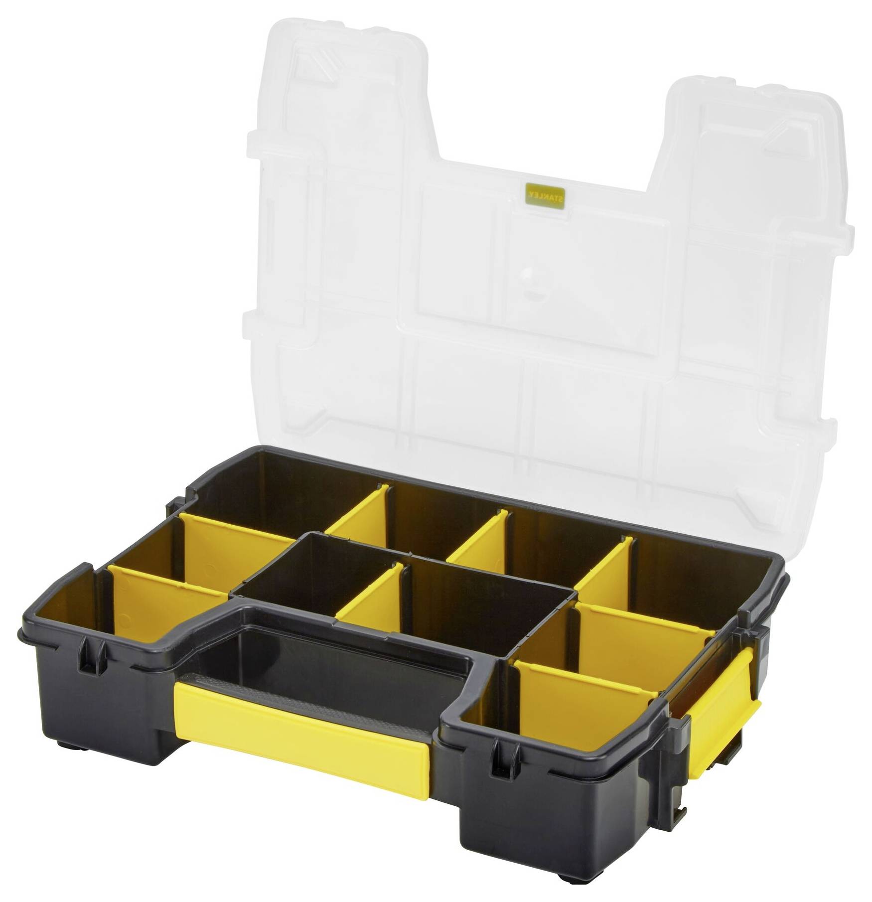 Black and yellow toolbox with a transparent lid, containing eight compartments for storing small items or tools.