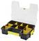 Black and yellow toolbox with a transparent lid, containing eight compartments for storing small items or tools.